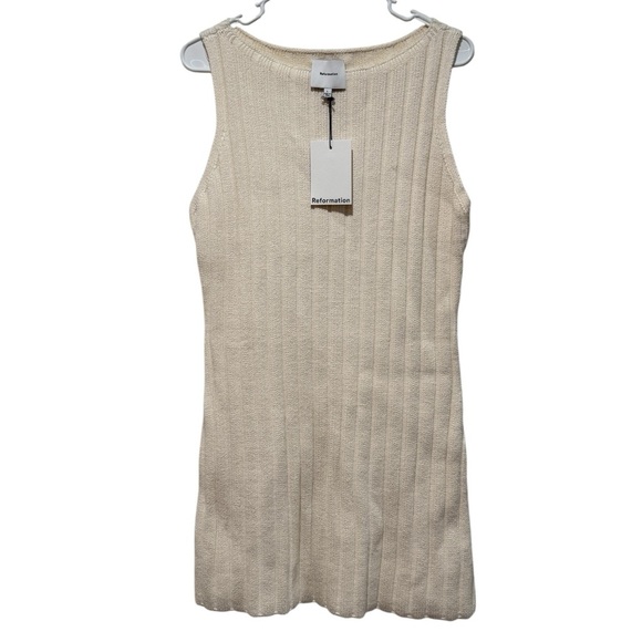 New Reformation Poppy Ribbed Mini Dress Gossamer Sz Large L Neutral Fall Staple - Picture 1 of 10